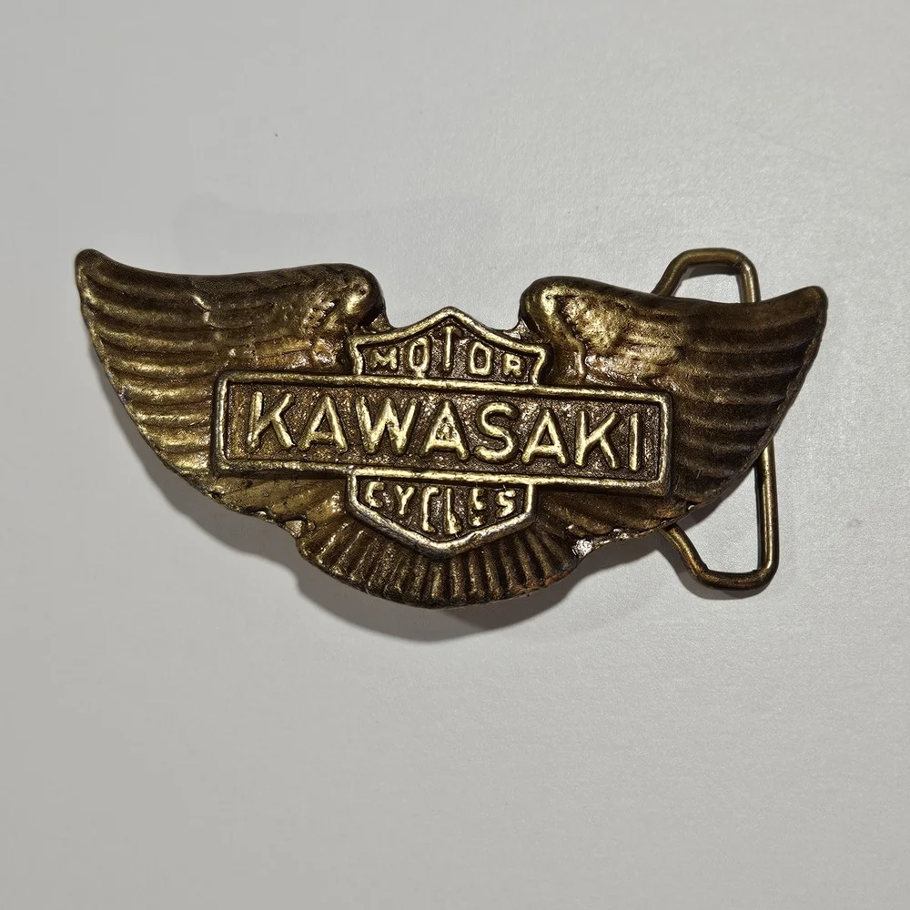Vintage 1970s Kawasaki Motorcycles Brass Belt Buckle Wings Logo Design
